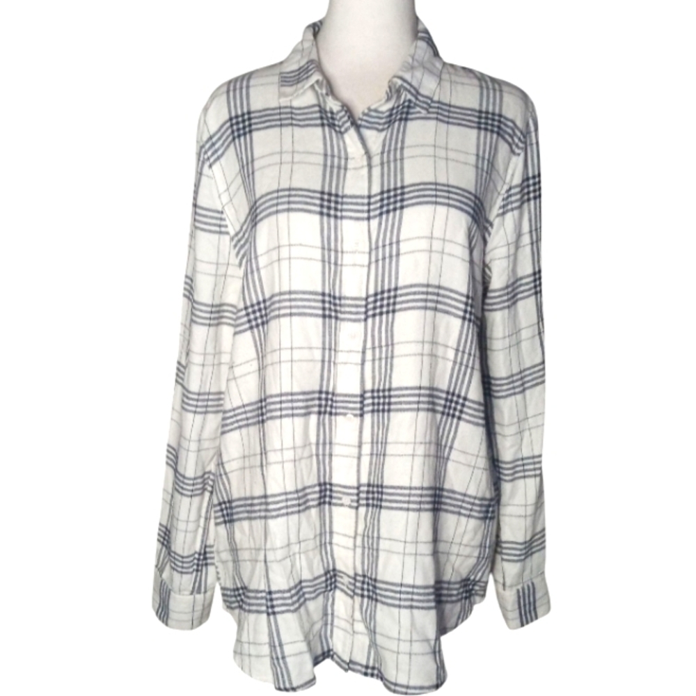 Banana Republic Black White Plaid Boyfriend Fit Flannel Style Button Up Large